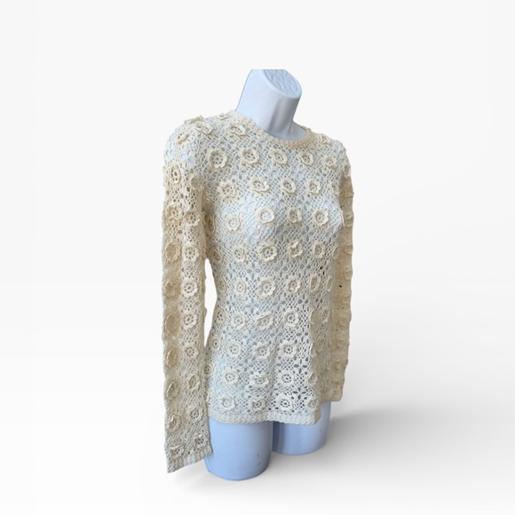 Elegant Cream Crochet Wool Knit Top ivory stretch semi sheer long sleeve cottage - Picture 3 of 8
